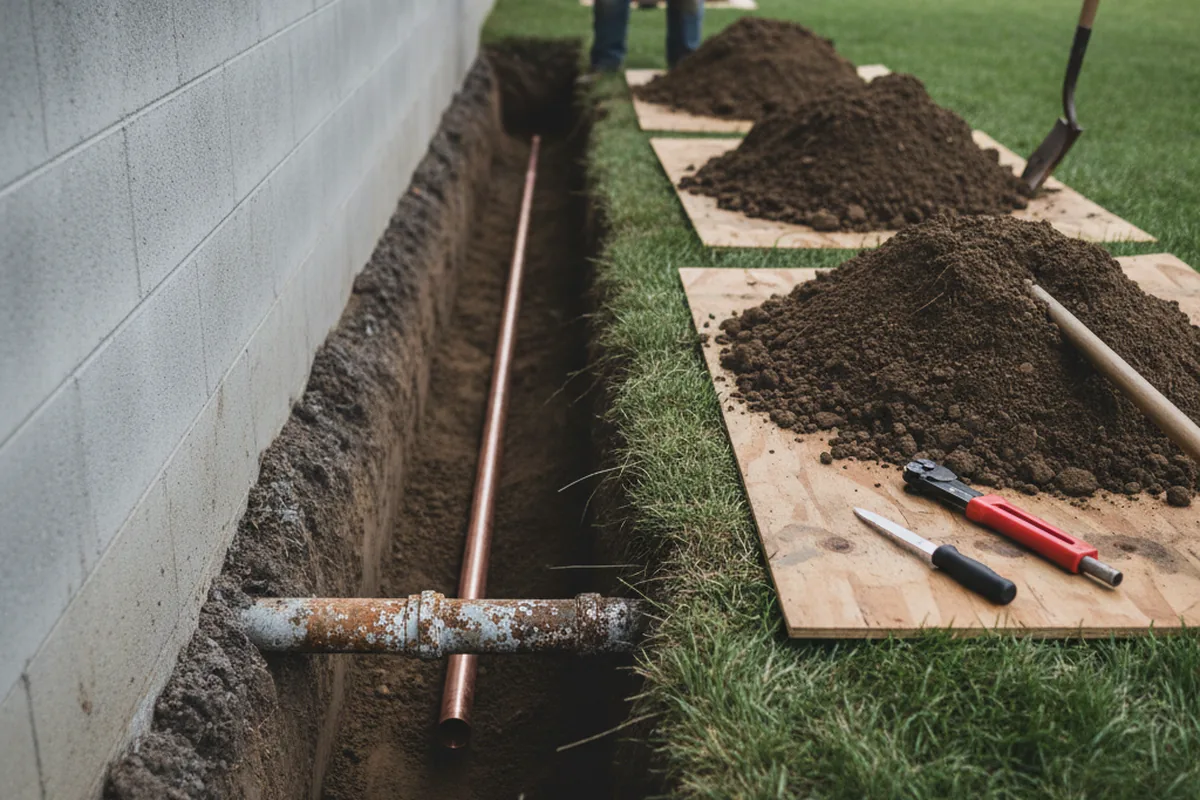 Excavated water line trench during Water Softener Installation in Blaine